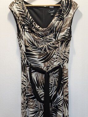 Connected Apparel  Women Jumpsuit Black, White and Tan Leaf Print